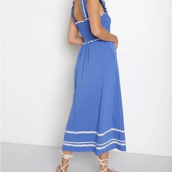 En Saison Smocked Sun Dress Blue XS New With Tags | Rickrack Trim Cotton Blend - Picture 4 of 8